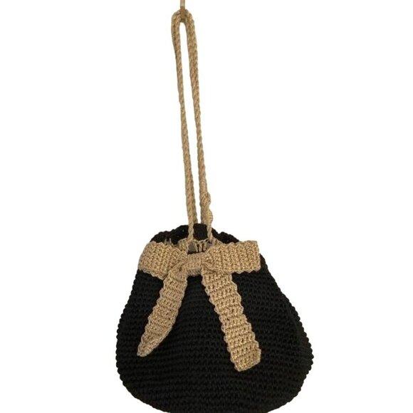 Timmy Woods Beverly Hills Vintage Black Crochet Woven Bucket Bag with Gold Bow - Picture 1 of 3